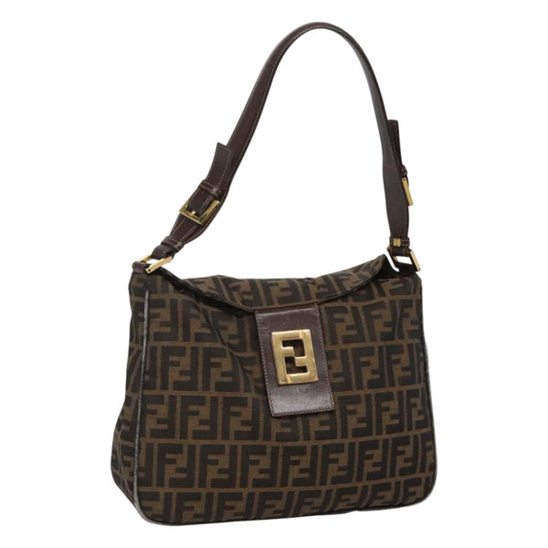 FENDI Zucca Canvas Shoulder Bag Black Brown Auth 116318