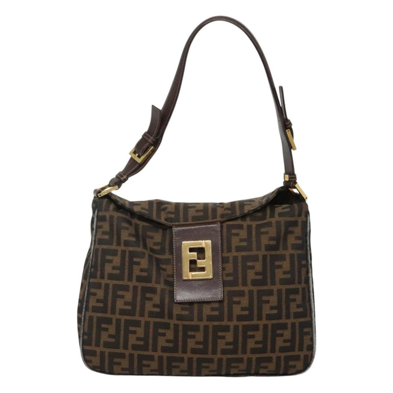 FENDI Zucca Canvas Shoulder Bag Black Brown Auth 116318