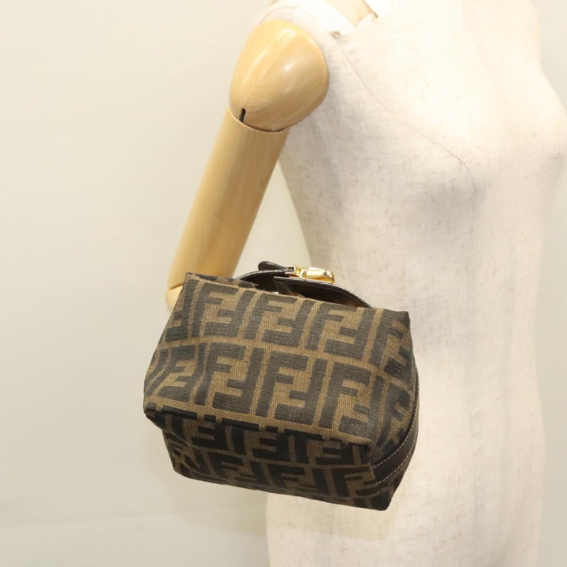 FENDI Zucca Canvas Pouch Hand Bag Black Brown Auth 116355