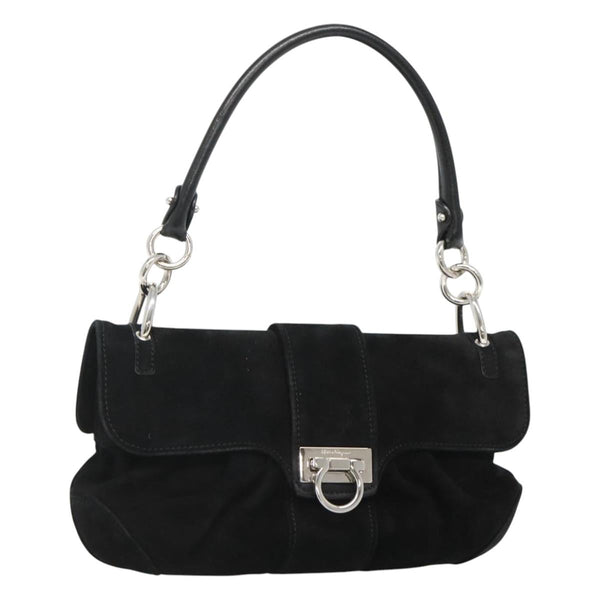 Salvatore Ferragamo Gancini Hand Bag Suede Silver Black Auth 116360