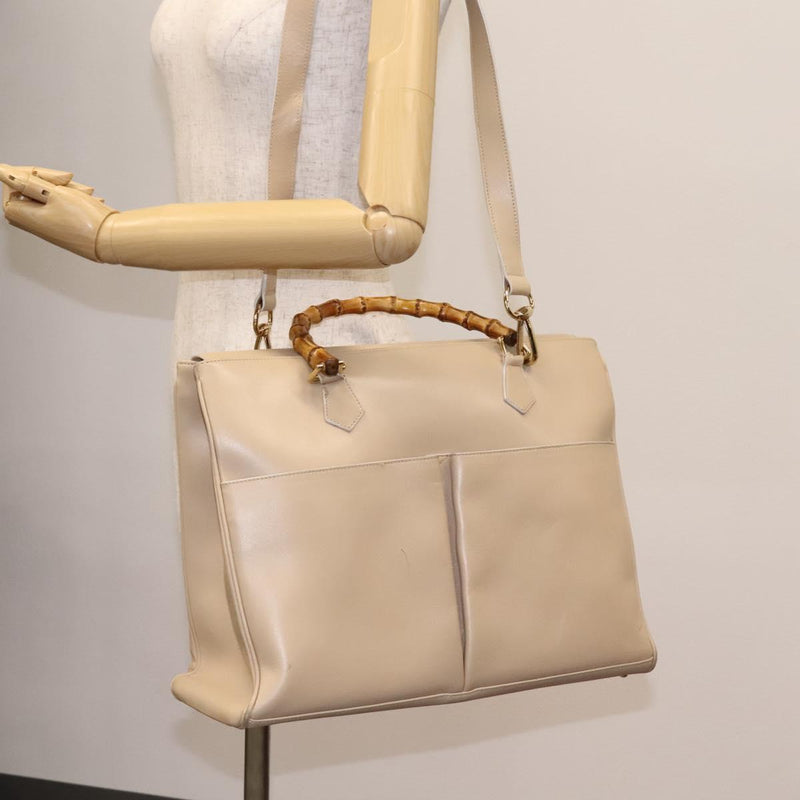 GUCCI Bamboo Hand Bag Leather 2way Beige Gold 002 2855 0322 0 Auth 118505
