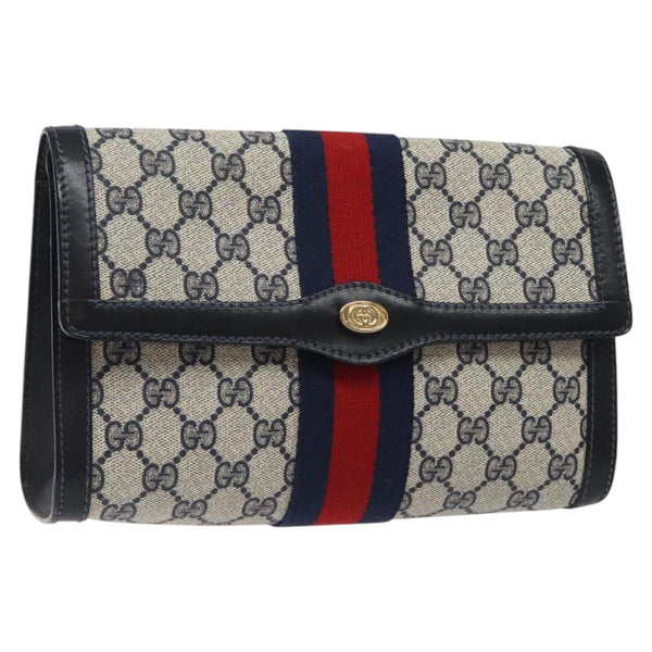 GUCCI GG Supreme Sherry Line Clutch Bag PVC Navy Red Auth 118554