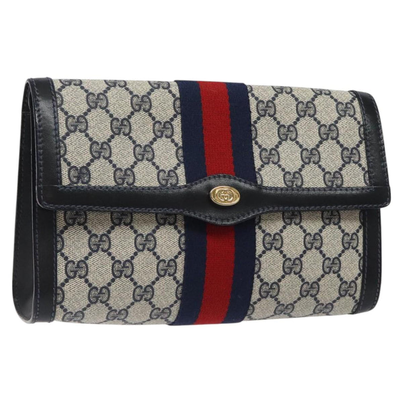 GUCCI GG Supreme Sherry Line Clutch Bag PVC Navy Red Auth 118554