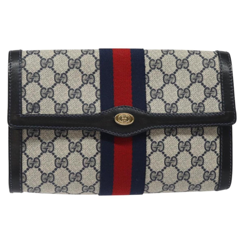 GUCCI GG Supreme Sherry Line Clutch Bag PVC Navy Red Auth 118554