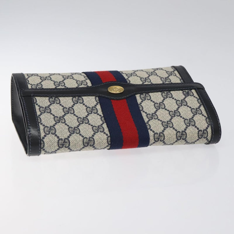 GUCCI GG Supreme Sherry Line Clutch Bag PVC Navy Red Auth 118554