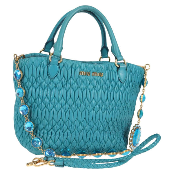 Miu Miu Matelasse Bijoux Hand Bag Leather 2way Turquoise Blue Gold Auth 119028M
