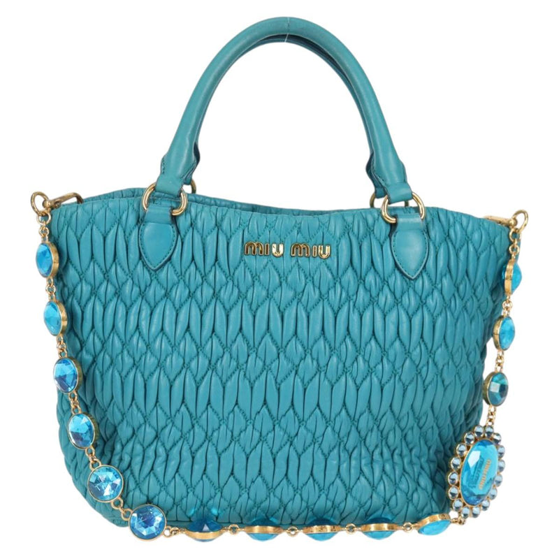 Miu Miu Matelasse Bijoux Hand Bag Leather 2way Turquoise Blue Gold Auth 119028M
