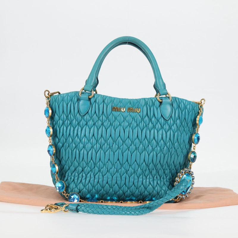 Miu Miu Matelasse Bijoux Hand Bag Leather 2way Turquoise Blue Gold Auth 119028M