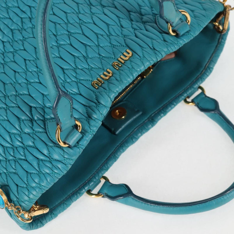 Miu Miu Matelasse Bijoux Hand Bag Leather 2way Turquoise Blue Gold Auth 119028M