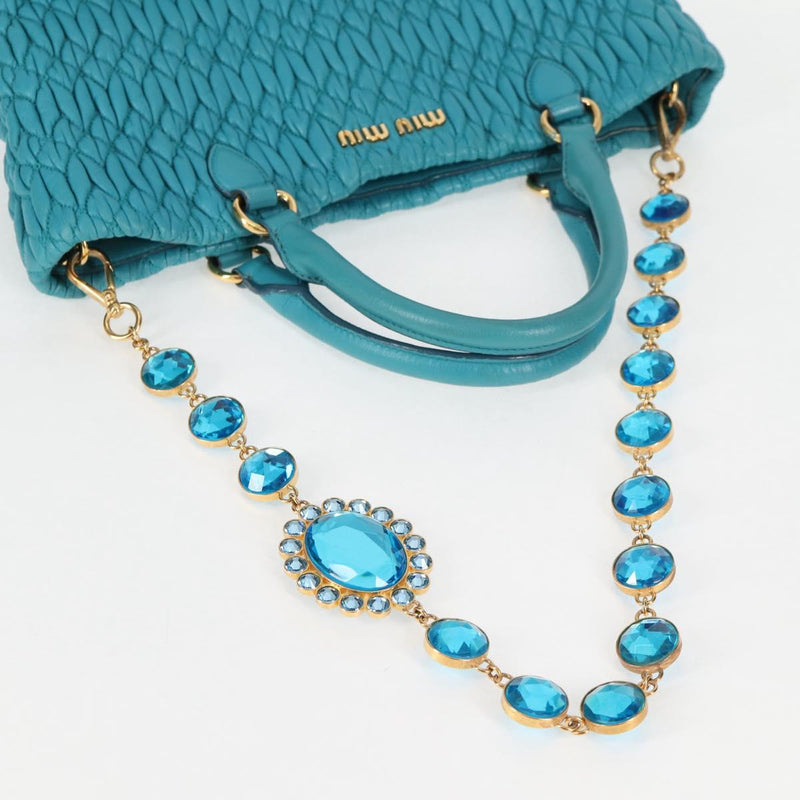 Miu Miu Matelasse Bijoux Hand Bag Leather 2way Turquoise Blue Gold Auth 119028M