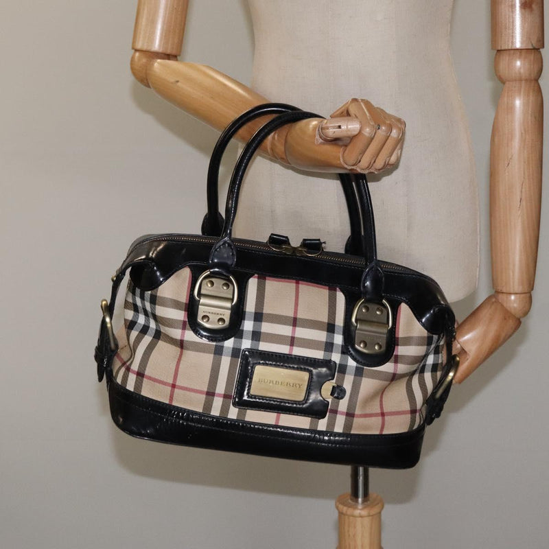 BURBERRY Nova Check Hand Bag PVC Beige Gold Auth 119049