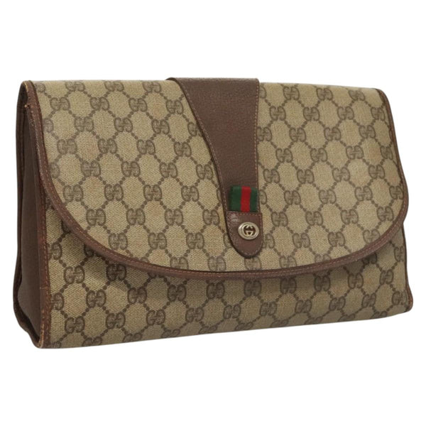 GUCCI GG Supreme Web Sherry Line Clutch Bag PVC Beige 156 01 031 Auth 119135