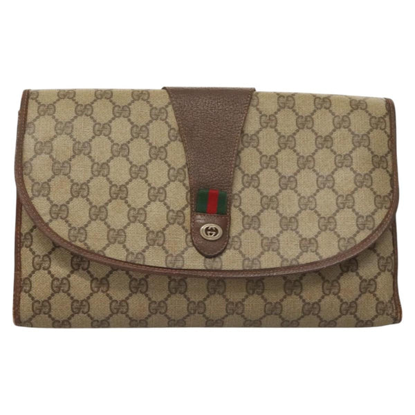 GUCCI GG Supreme Web Sherry Line Clutch Bag PVC Beige 156 01 031 Auth 119135
