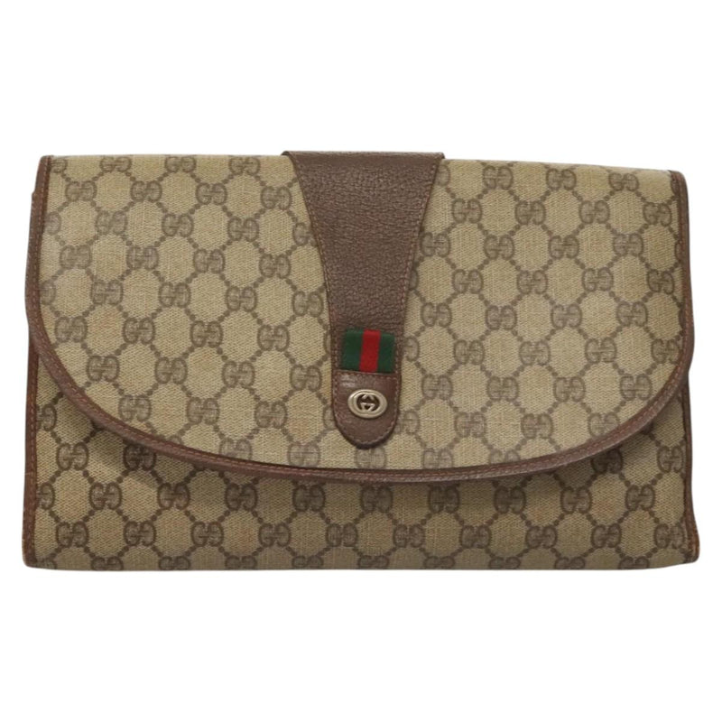 GUCCI GG Supreme Web Sherry Line Clutch Bag PVC Beige 156 01 031 Auth 119135