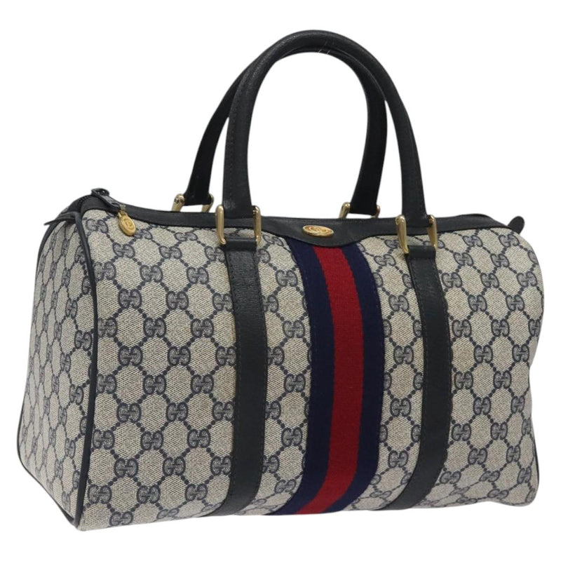 GUCCI GG Supreme Sherry Line Boston Bag PVC Navy Gold 40 3842 Auth 119136
