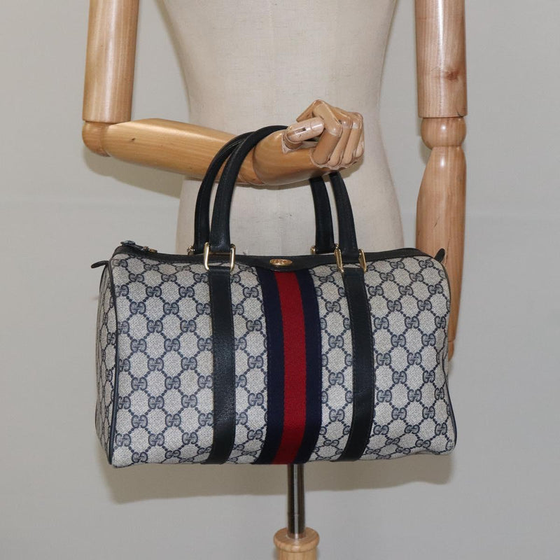 GUCCI GG Supreme Sherry Line Boston Bag PVC Navy Gold 40 3842 Auth 119136
