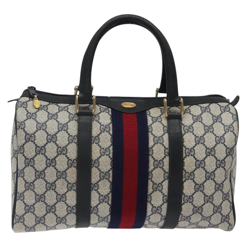 GUCCI GG Supreme Sherry Line Boston Bag PVC Navy Gold 40 3842 Auth 119136