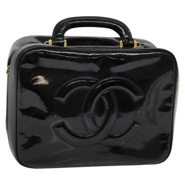 CHANEL COCO Mark Vanity Pouch Patent leather Black Gold CC Auth 119412