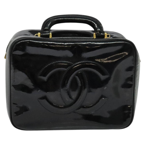 CHANEL COCO Mark Vanity Pouch Patent leather Black Gold CC Auth 119412