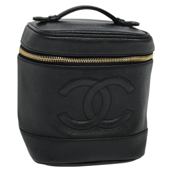 CHANEL COCO Mark Vanity Pouch Caviar Skin Black Gold CC Auth 119493