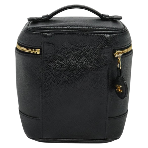 CHANEL COCO Mark Vanity Pouch Caviar Skin Black Gold CC Auth 119493