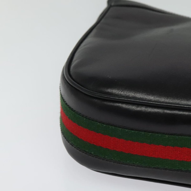 GUCCI Web Sherry Line Shoulder Bag Leather Black Gold Auth 119540