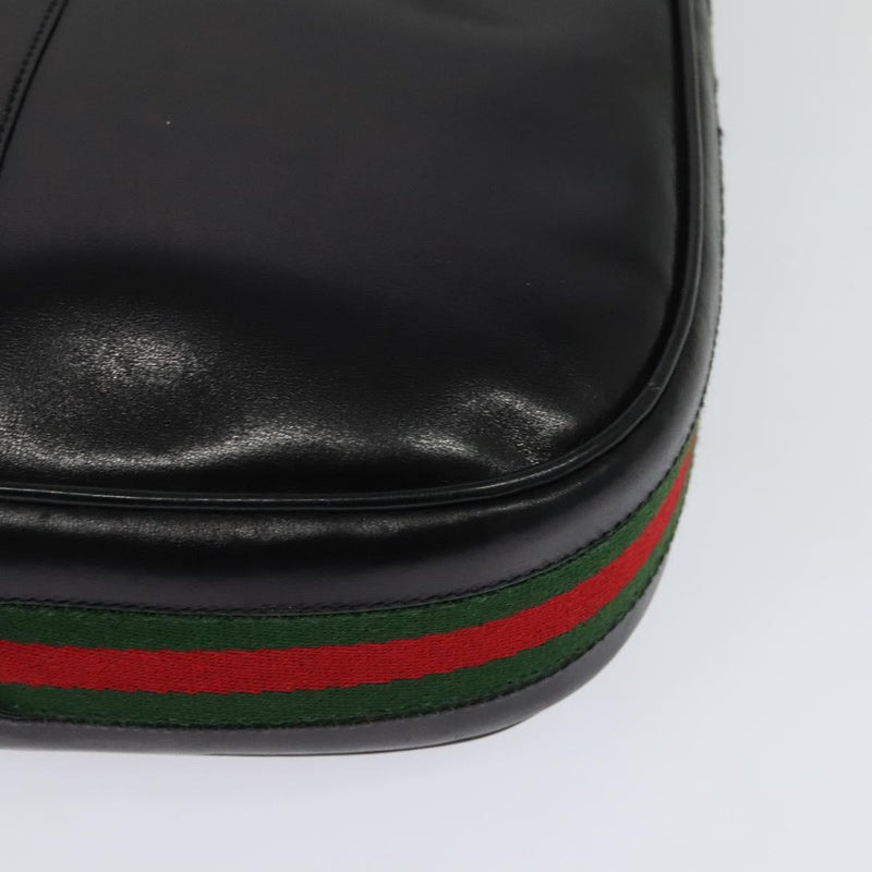 GUCCI Web Sherry Line Shoulder Bag Leather Black Gold Auth 119540