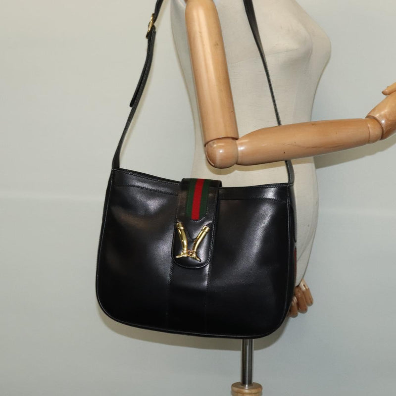 GUCCI Web Sherry Line Shoulder Bag Leather Black Gold Auth 119540