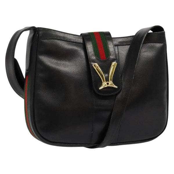 GUCCI Web Sherry Line Shoulder Bag Leather Black Gold Auth 119540