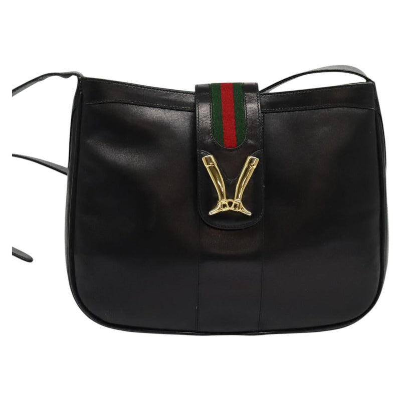 GUCCI Web Sherry Line Shoulder Bag Leather Black Gold Auth 119540