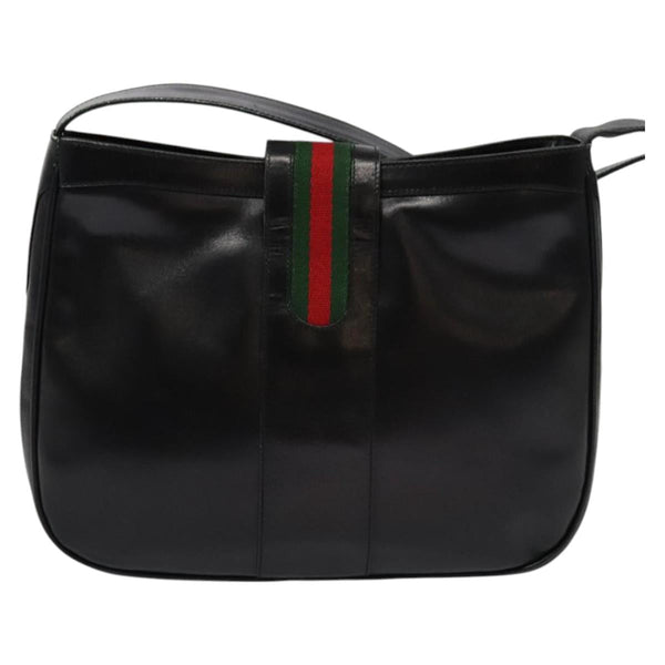 GUCCI Web Sherry Line Shoulder Bag Leather Black Gold Auth 119540
