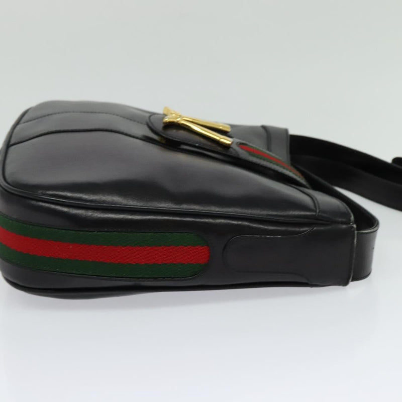 GUCCI Web Sherry Line Shoulder Bag Leather Black Gold Auth 119540