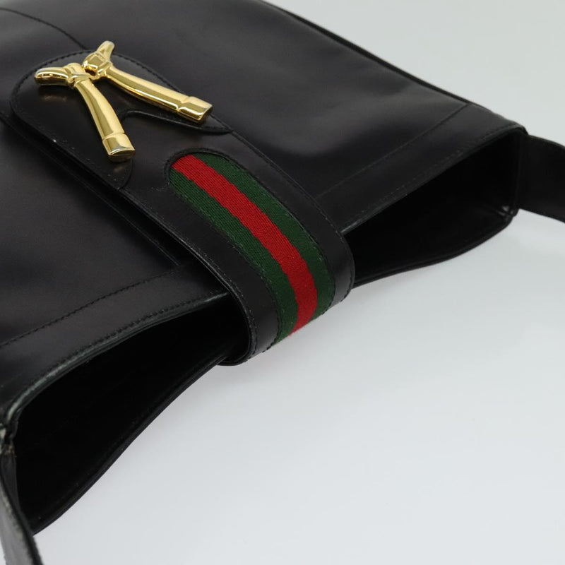 GUCCI Web Sherry Line Shoulder Bag Leather Black Gold Auth 119540