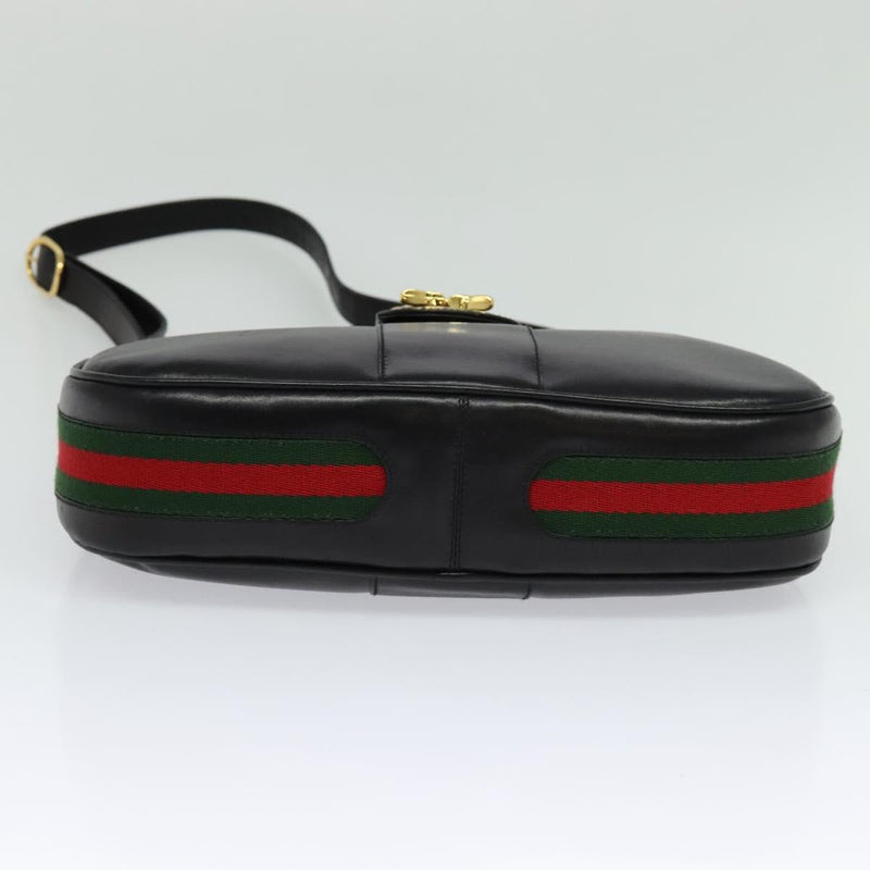 GUCCI Web Sherry Line Shoulder Bag Leather Black Gold Auth 119540