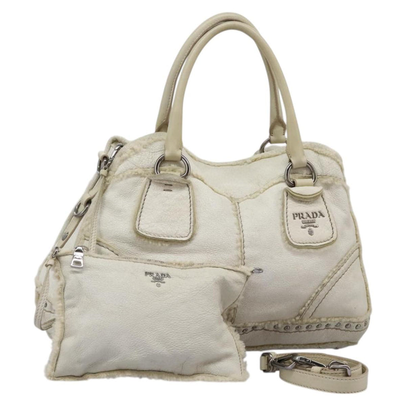 PRADA Hand Bag Leather 2way Silver White Auth 119542