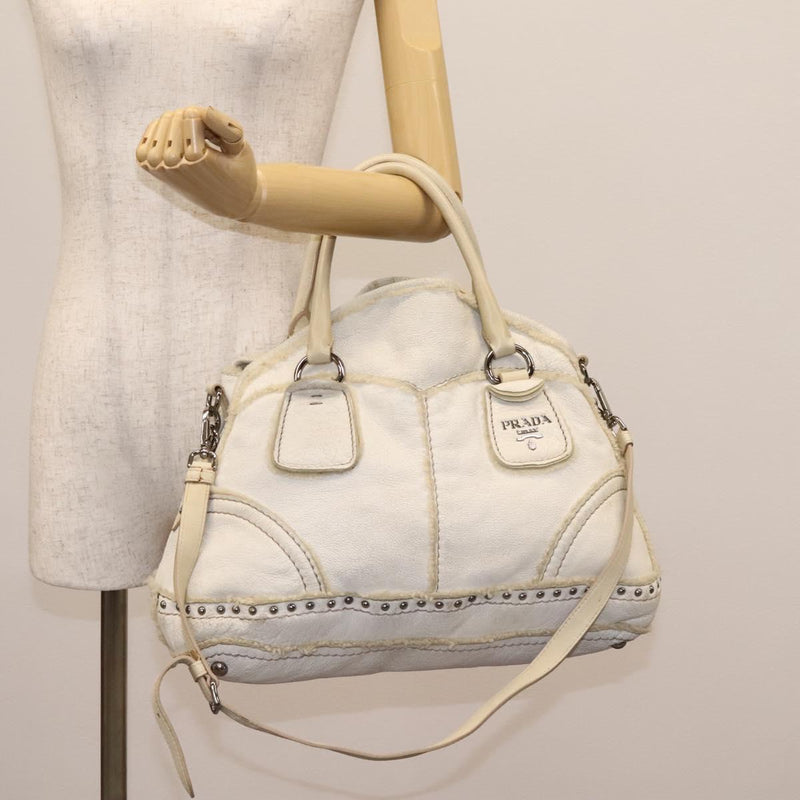 PRADA Hand Bag Leather 2way Silver White Auth 119542
