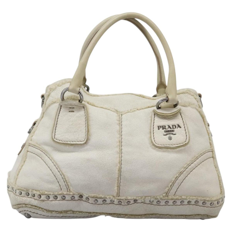PRADA Hand Bag Leather 2way Silver White Auth 119542