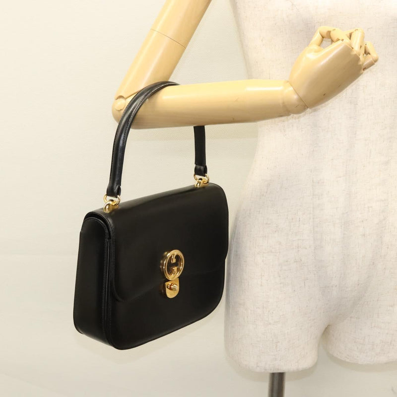 GUCCI Shoulder Bag Leather Black Gold Auth 119576