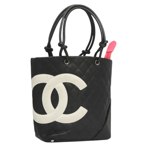 CHANEL Matelasse Cambon Line COCO Mark Tote Bag Lamb Skin Black CC Auth 119583