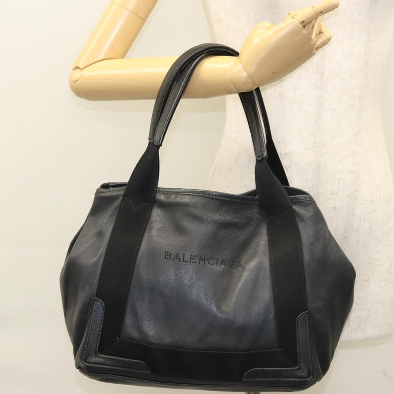 BALENCIAGA Navy Cabas S Hand Bag Leather Black Silver 339933 Auth 119625