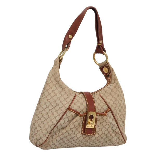 CELINE Macadam Canvas Shoulder Bag Beige Gold Auth 119626