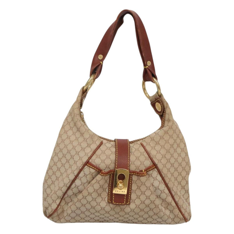 CELINE Macadam Canvas Shoulder Bag Beige Gold Auth 119626