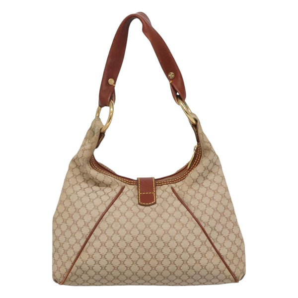 CELINE Macadam Canvas Shoulder Bag Beige Gold Auth 119626