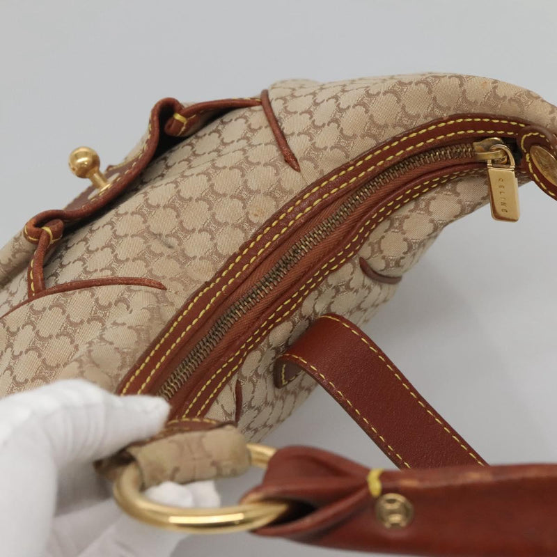 CELINE Macadam Canvas Shoulder Bag Beige Gold Auth 119626