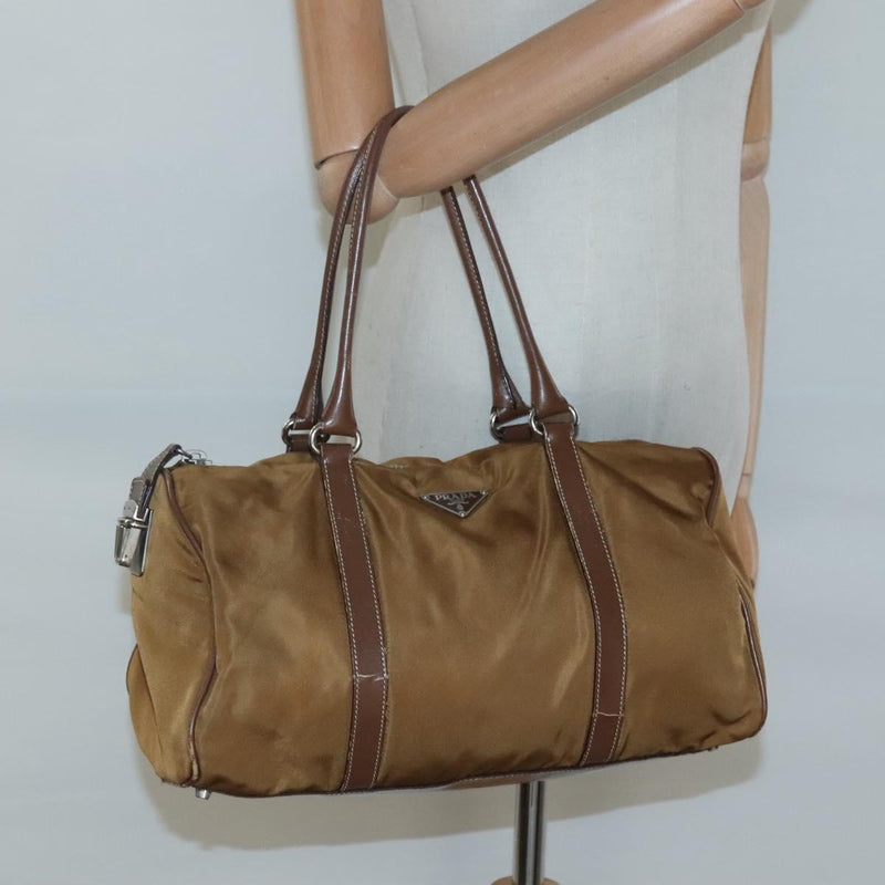 PRADA Hand Bag Nylon Brown Silver Auth 119649
