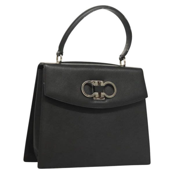 Salvatore Ferragamo Gancini Hand Bag Leather Black Silver Auth 119734