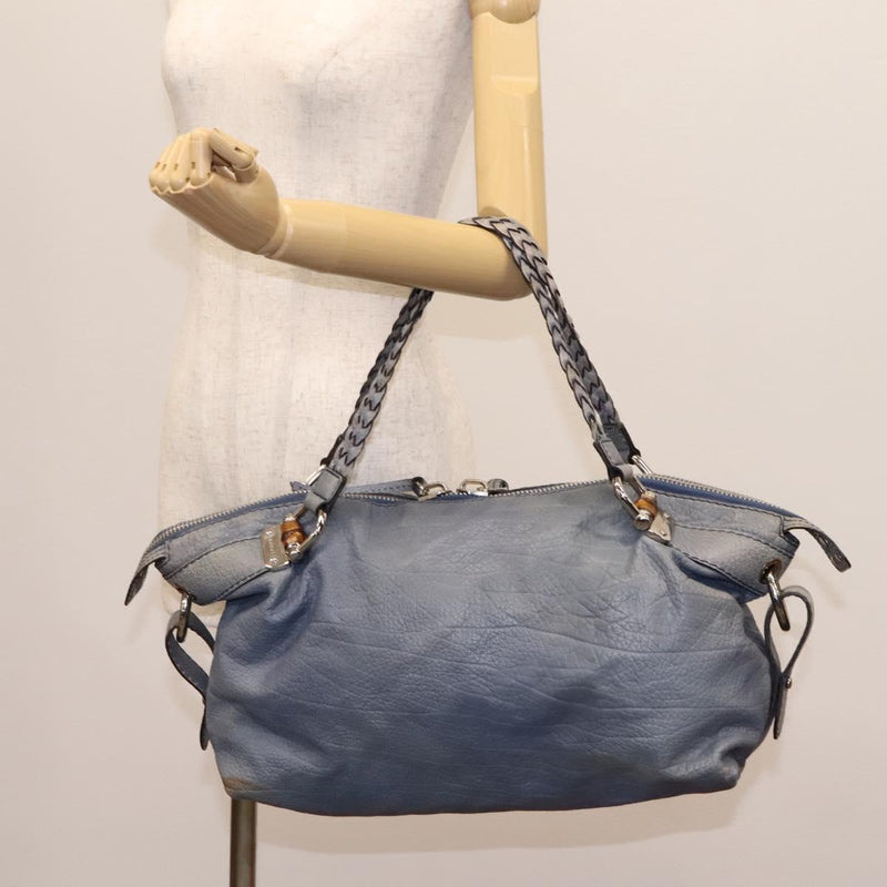 GUCCI Bamboo Tote Bag Leather Blue Silver 232959 Auth 119735