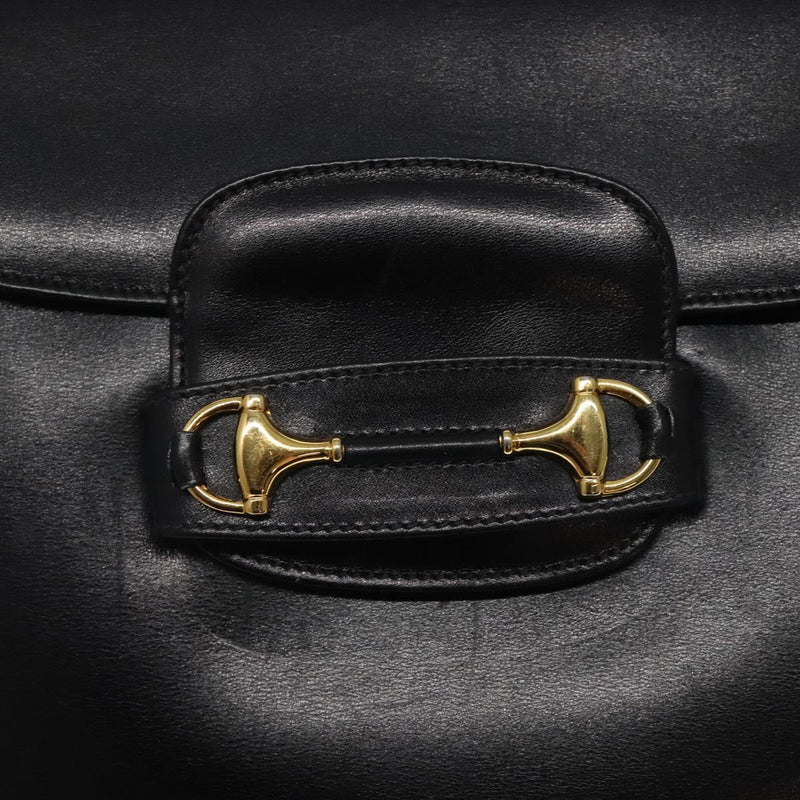 GUCCI Horsebit Shoulder Bag Leather Black Gold Auth 119787