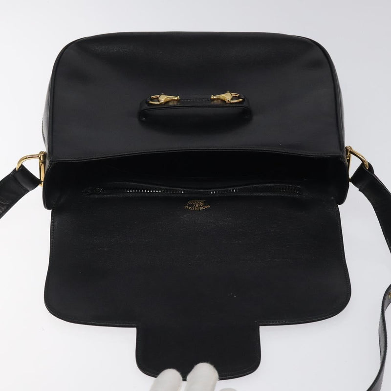 GUCCI Horsebit Shoulder Bag Leather Black Gold Auth 119787