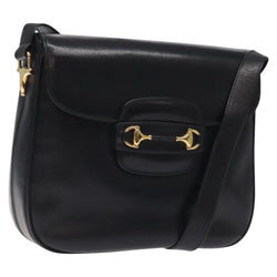 GUCCI Horsebit Shoulder Bag Leather Black Gold Auth 119787